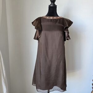 Vintage Alice + Olivia Elegant Silk Brown Ruffle Sleeve Dress